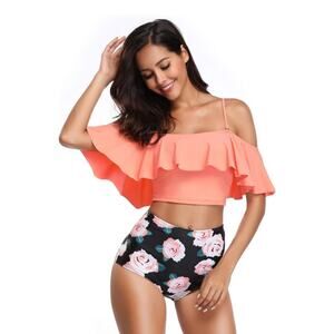 Floral Ruffle Bikini Set - Orange and Black
